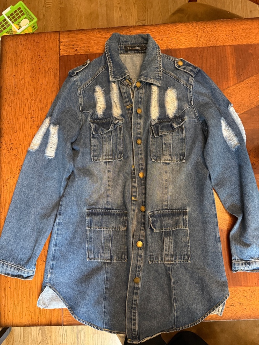 Tanming Distressed Longline Denim Jacket - Blue